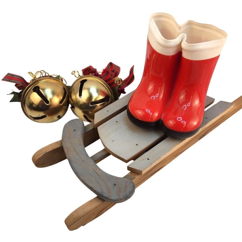 Festive Holiday Red Boot Planter With Wooden Sleigh & Gold Decorative Sleigh Bel